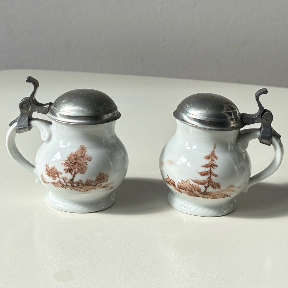 Vintage Royal Tettau Bavaria Germany White Brown mini ceramic stein pewter lid